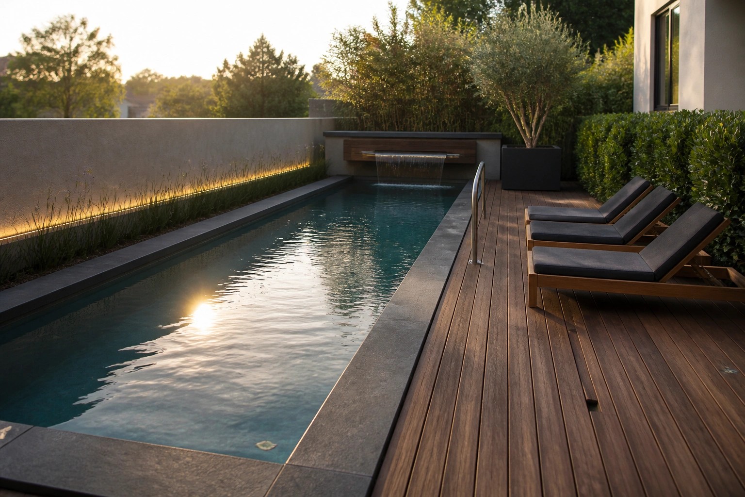 A long narrow swimming pool with a small waterfall at the far end sits beside a wooden deck holding three dark lounge chairs.