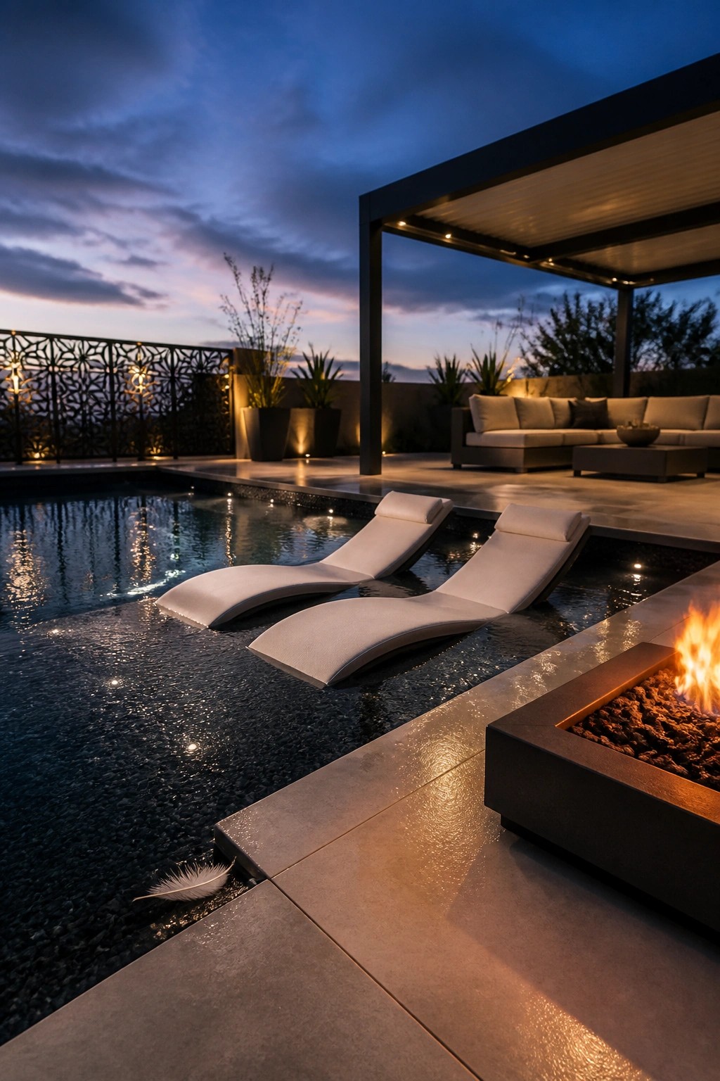 21 Stunning Modern Pool Ideas to Upgrade Any Backyard Two white lounge chairs positioned in the water at the edge of a modern pool, with a fire pit on the stone patio beside them.