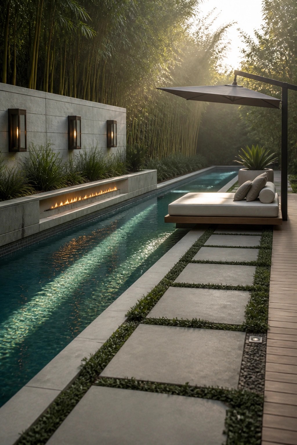 21 Stunning Modern Pool Ideas to Upgrade Any Backyard A long rectangular pool with a linear fire feature set into a concrete wall, a cantilevered daybed beside the water, and stone pavers running alongside.