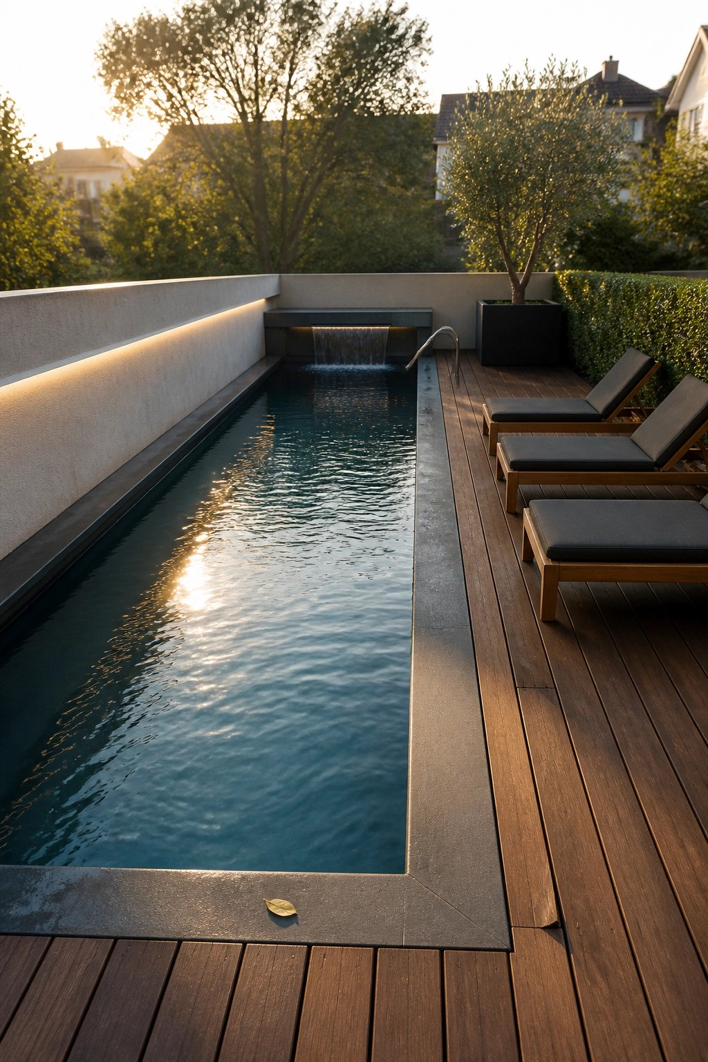 21 Stunning Modern Pool Ideas to Upgrade Any Backyard A long narrow swimming pool with a small waterfall at the far end sits beside a wooden deck holding three dark lounge chairs.