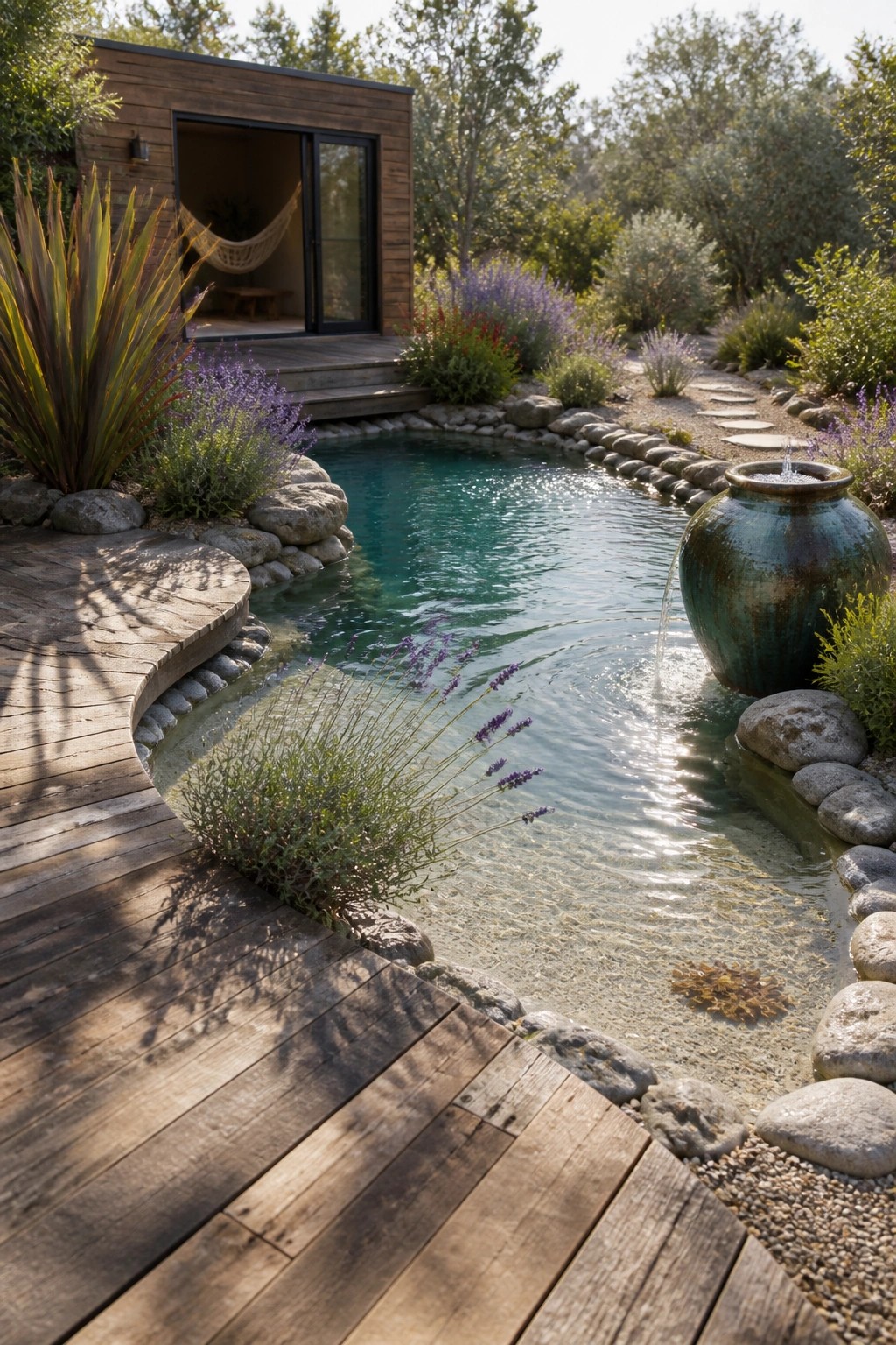 21 Stunning Modern Pool Ideas to Upgrade Any Backyard A natural swimming pool with turquoise water lined by large stones, a curved wooden deck on one side, lavender plants, and a large ceramic fountain on the opposite bank.
