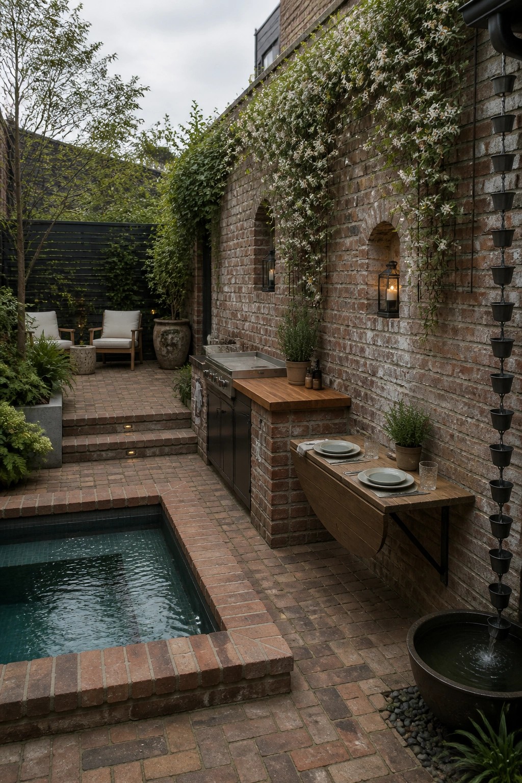 21 Stunning Modern Pool Ideas to Upgrade Any Backyard A rectangular pool with brick coping sits in a paved courtyard beside a built-in outdoor kitchen with wooden counters and potted plants.