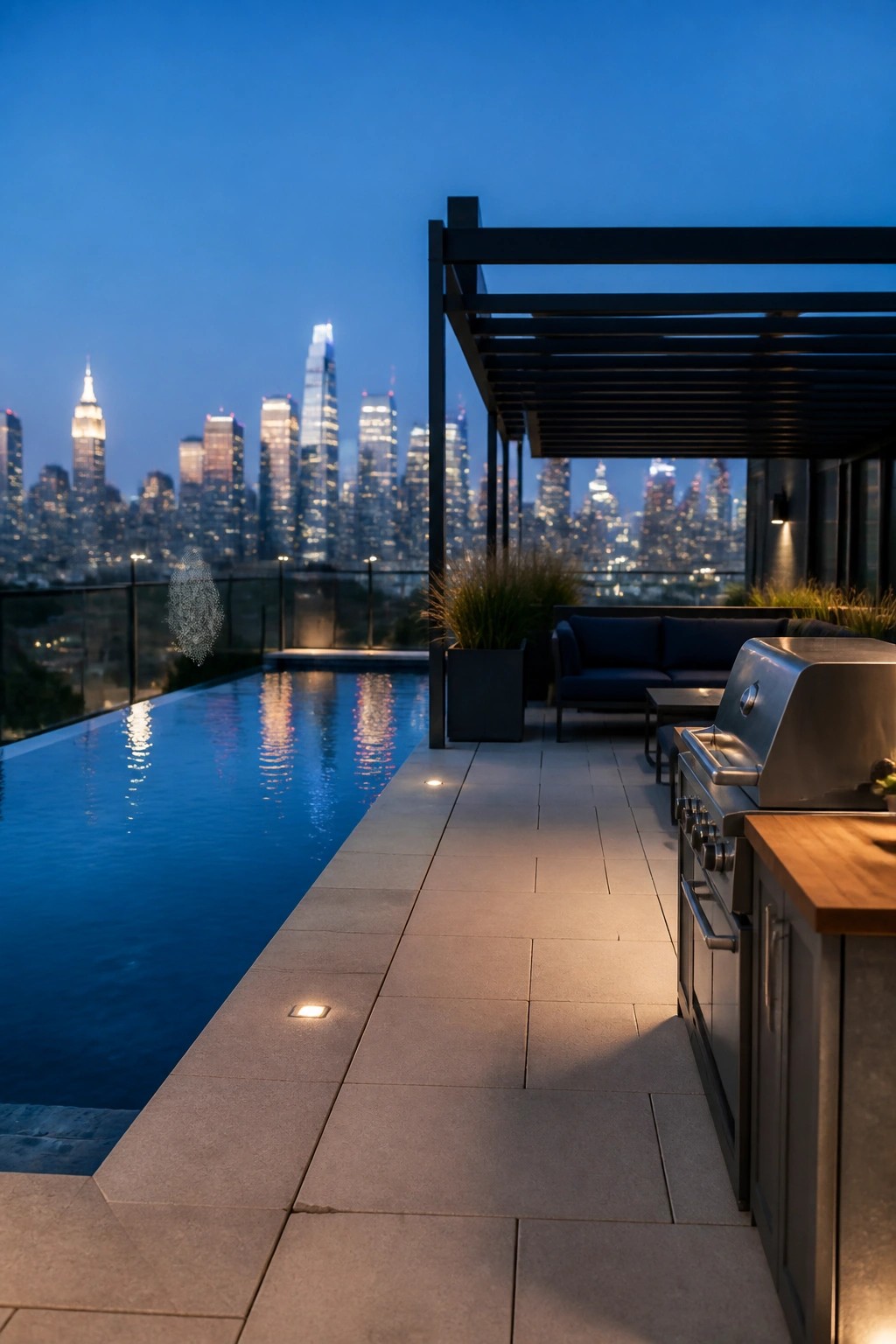 21 Stunning Modern Pool Ideas to Upgrade Any Backyard A modern rooftop terrace at dusk with a long rectangular infinity pool beside a paved patio that holds an outdoor kitchen with stainless grill and a dark sofa under a pergola, city skyline visible in the background.