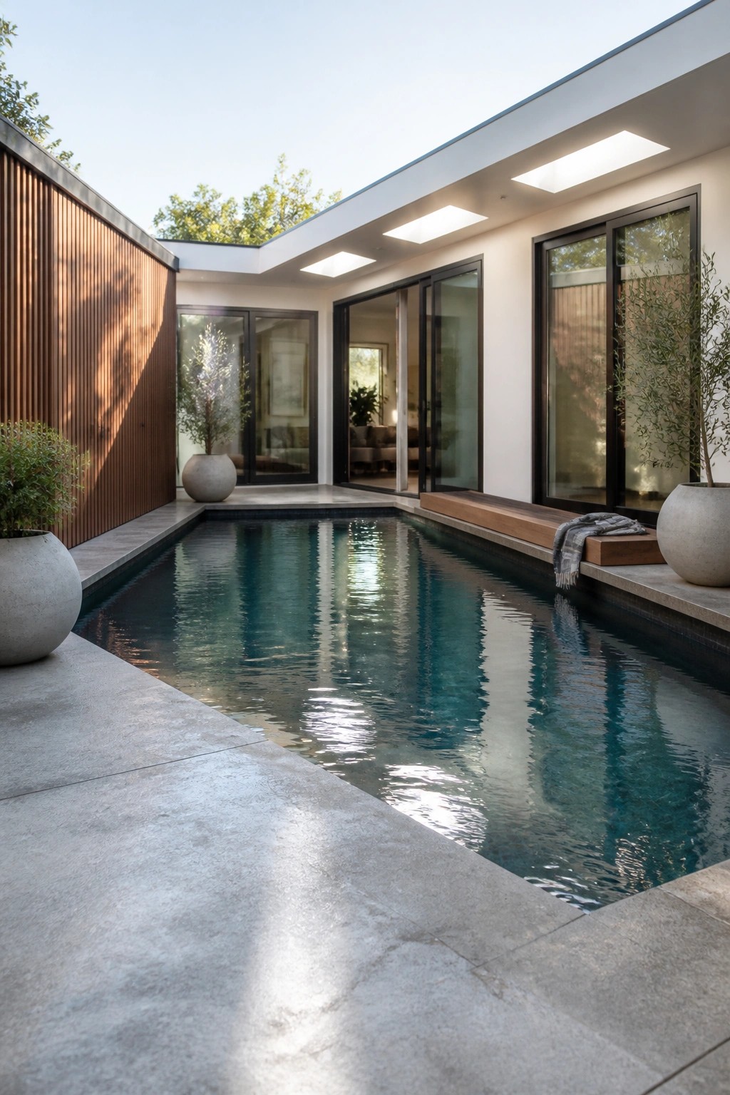 21 Stunning Modern Pool Ideas to Upgrade Any Backyard A long narrow modern pool runs alongside a house with large black-framed glass doors opening directly to the water, concrete decking, and large planters on either end.