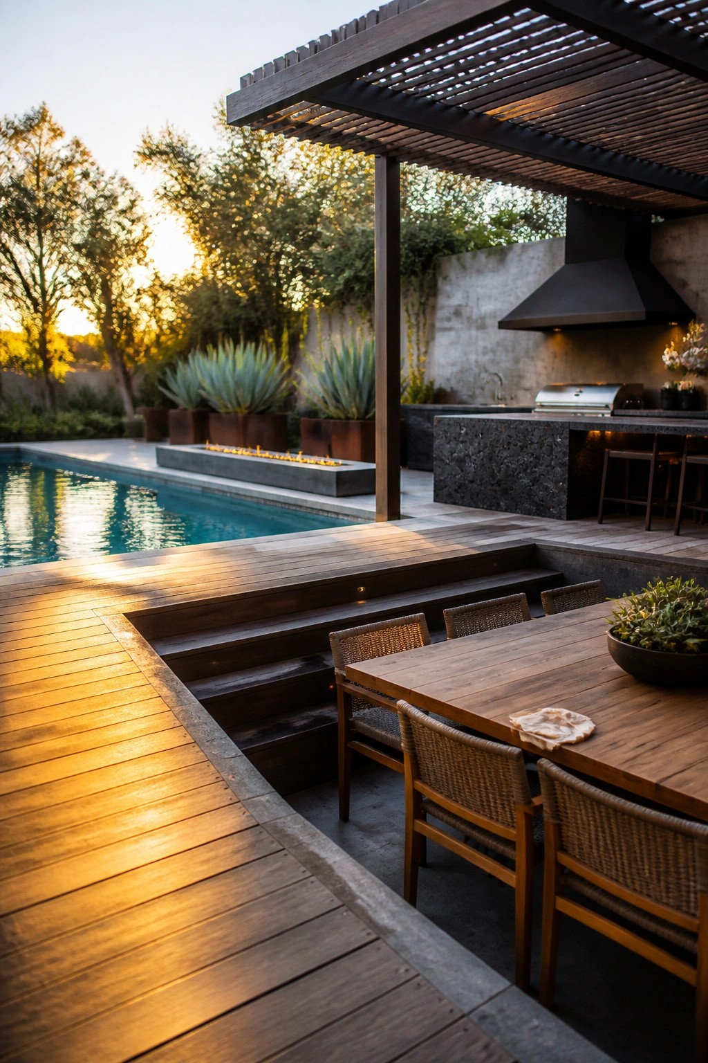 21 Stunning Modern Pool Ideas to Upgrade Any Backyard A modern backyard featuring a rectangular pool, multi-level wooden deck with steps, outdoor dining set, and covered outdoor kitchen area.