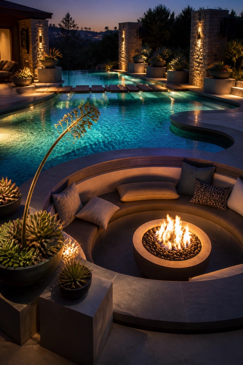 21 Stunning Modern Pool Ideas to Upgrade Any Backyard A modern backyard pool at dusk with a circular fire pit set into a curved concrete bench that has cushions and potted plants nearby.