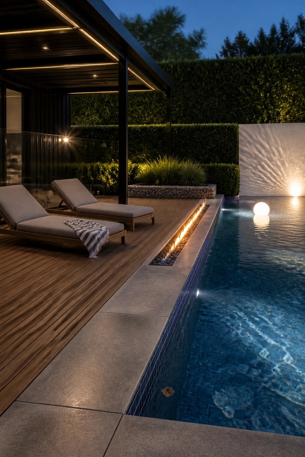 21 Timeless Modern Pool Lighting Ideas for Stunning Night Views A nighttime view of a modern rectangular pool with a linear fire feature built into the coping, wooden deck with two lounge chairs, and a glowing white sphere floating in the water.