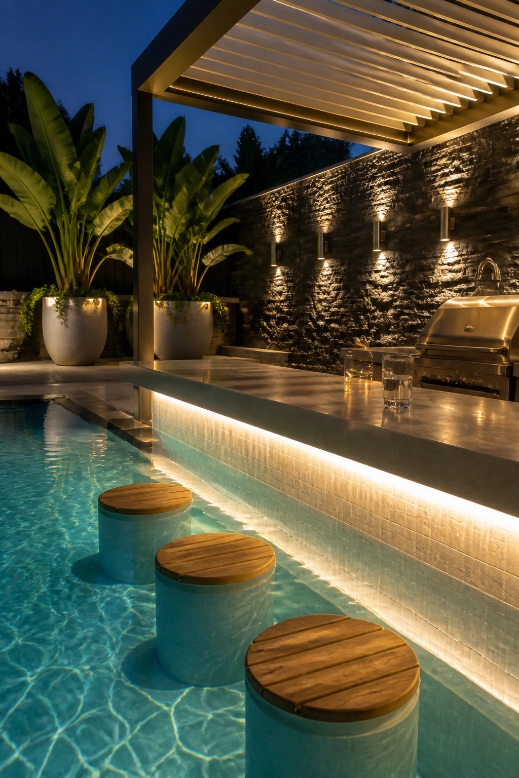 21 Timeless Modern Pool Lighting Ideas for Stunning Night Views Outdoor pool bar at night with a glowing LED strip under the counter edge, three wooden stools in the water, and a stainless grill against a stone wall.