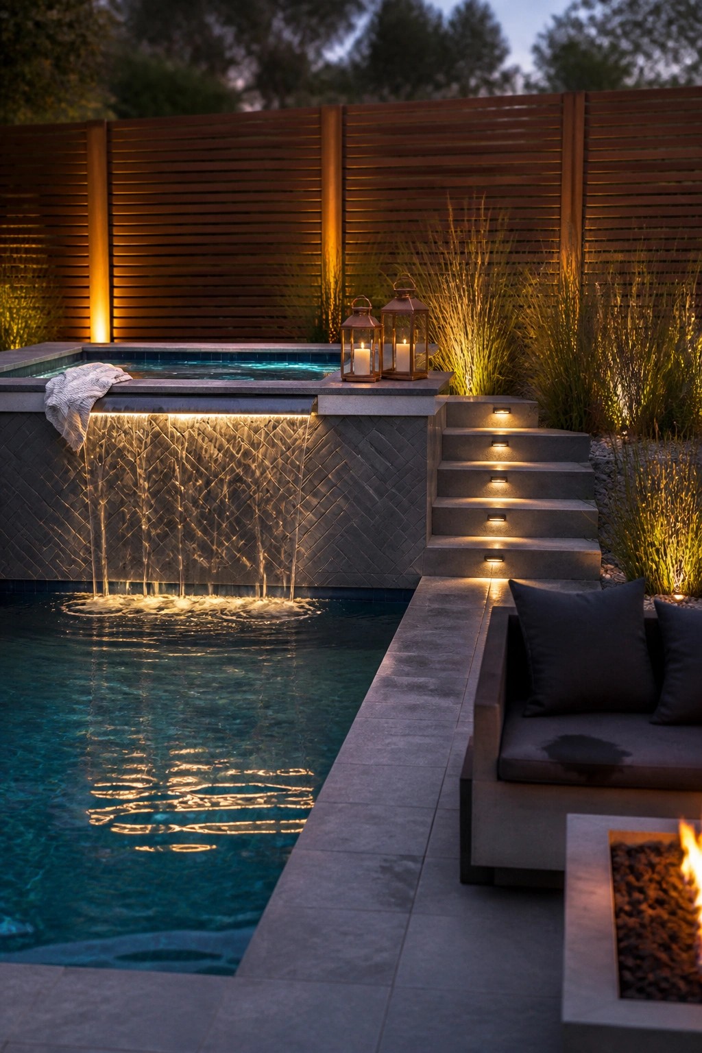 21 Timeless Modern Pool Lighting Ideas for Stunning Night Views A modern backyard pool at dusk with a lit cascading waterfall wall, recessed step lights, two lanterns on the pool edge, and a fire pit beside a dark cushioned bench.
