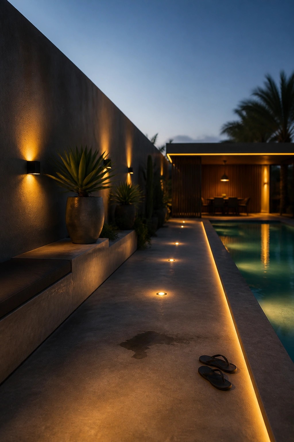 21 Timeless Modern Pool Lighting Ideas for Stunning Night Views Modern poolside walkway at dusk with recessed lights along the concrete edge next to the pool, potted plants on a ledge, and a pair of flip flops on the ground.