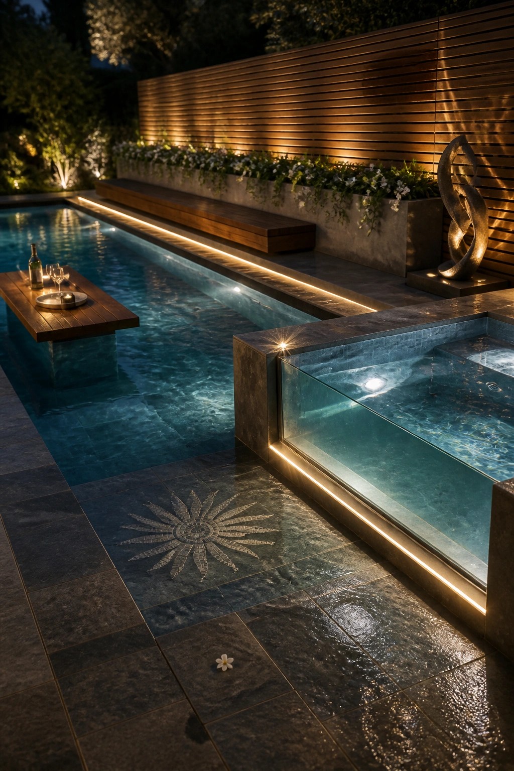 21 Timeless Modern Pool Lighting Ideas for Stunning Night Views A nighttime view of a rectangular pool with glowing linear lights along the edges, a floating wooden table, a glass wall, and a stone deck.