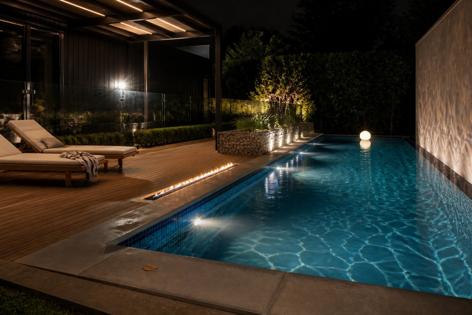 21 Timeless Modern Pool Lighting Ideas for Stunning Night Views A nighttime view of a modern rectangular pool with a linear fire feature built into the coping, wooden deck with two lounge chairs, and a glowing white sphere floating in the water.
