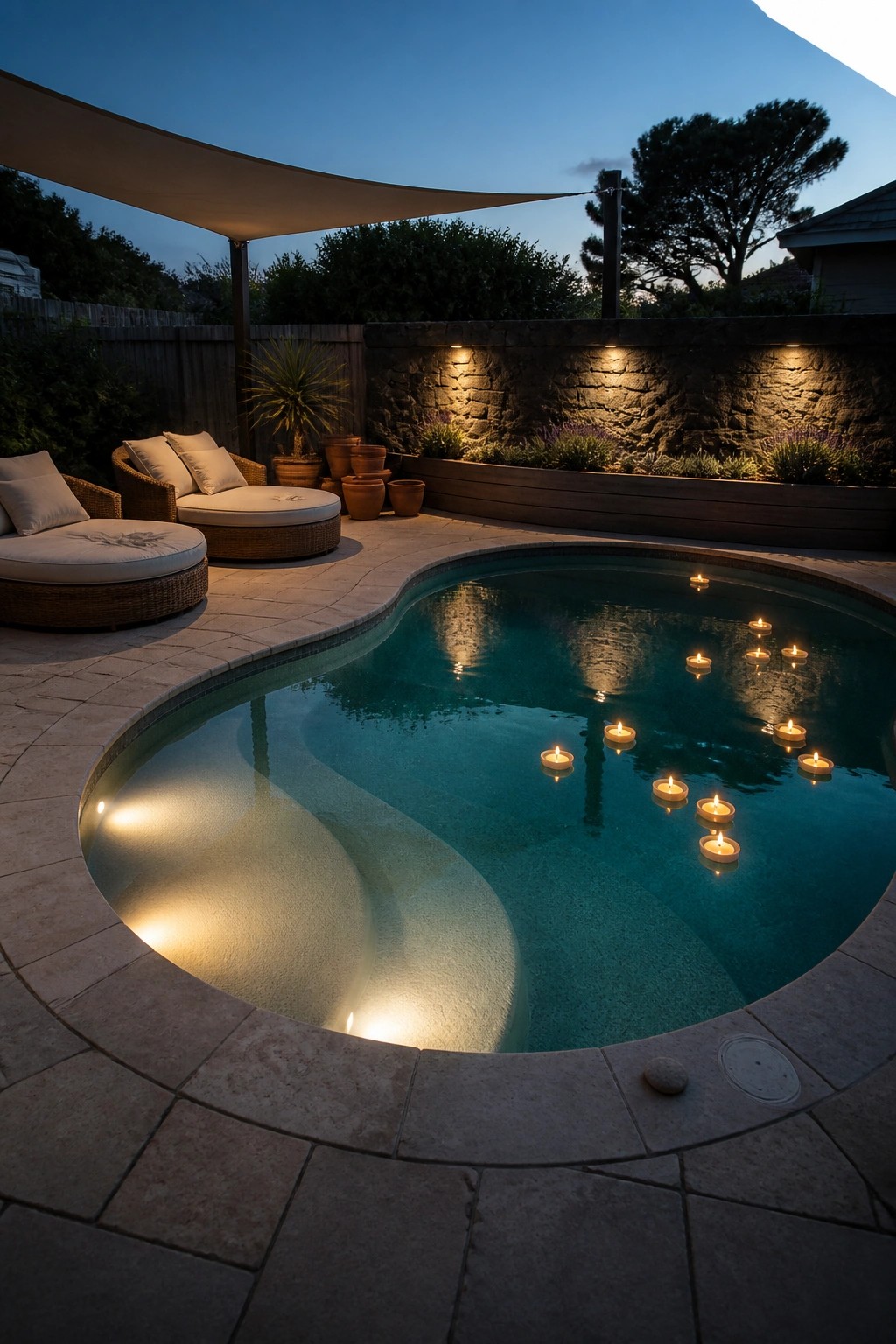 21 Timeless Modern Pool Lighting Ideas for Stunning Night Views Illuminated curved pool with floating candles, lounge chairs on stone patio at twilight.