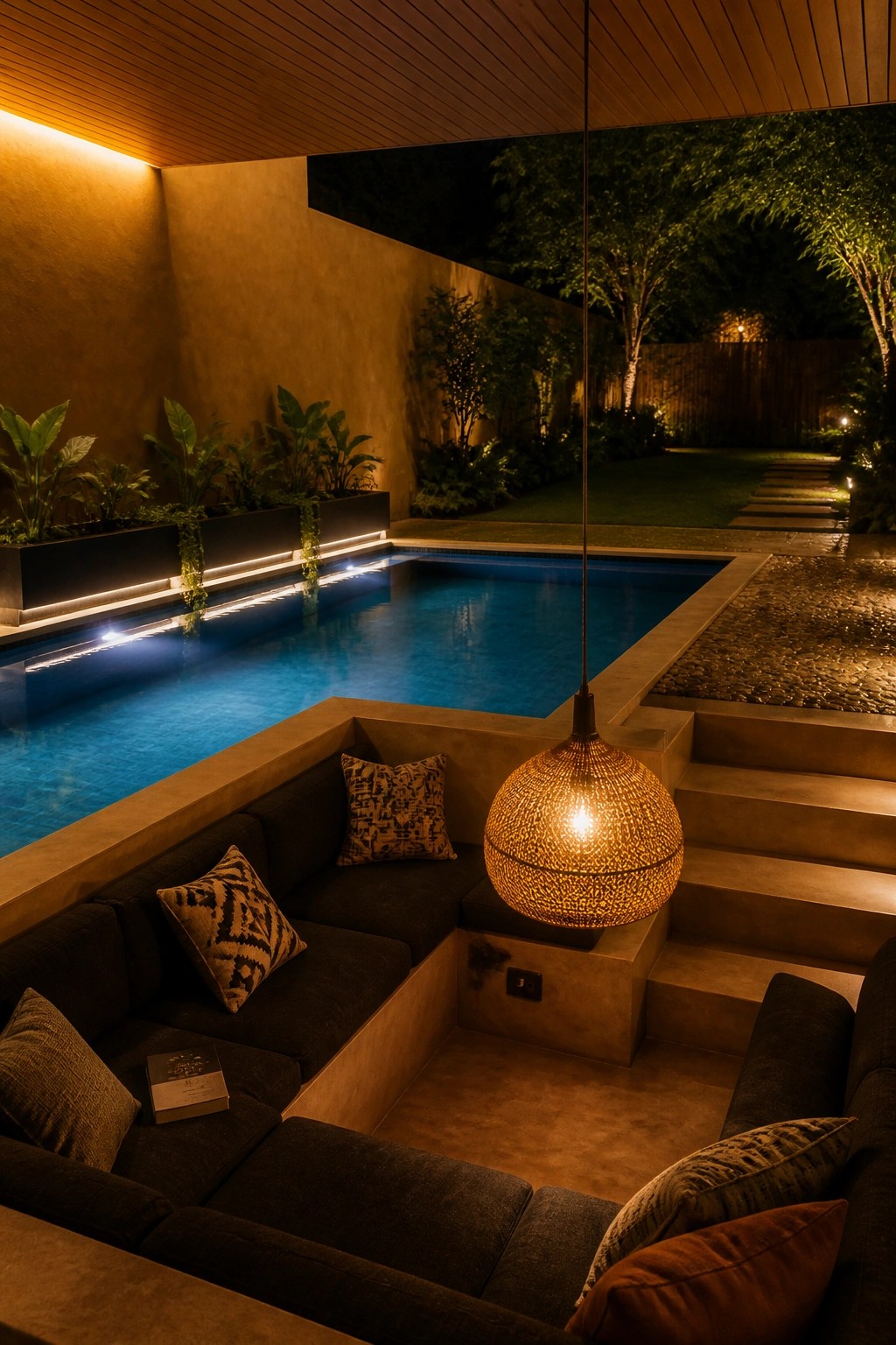 21 Timeless Modern Pool Lighting Ideas for Stunning Night Views A nighttime view of a modern pool with a glowing spherical pendant light hanging over a built-in dark sofa, concrete steps, and an illuminated pool edge.
