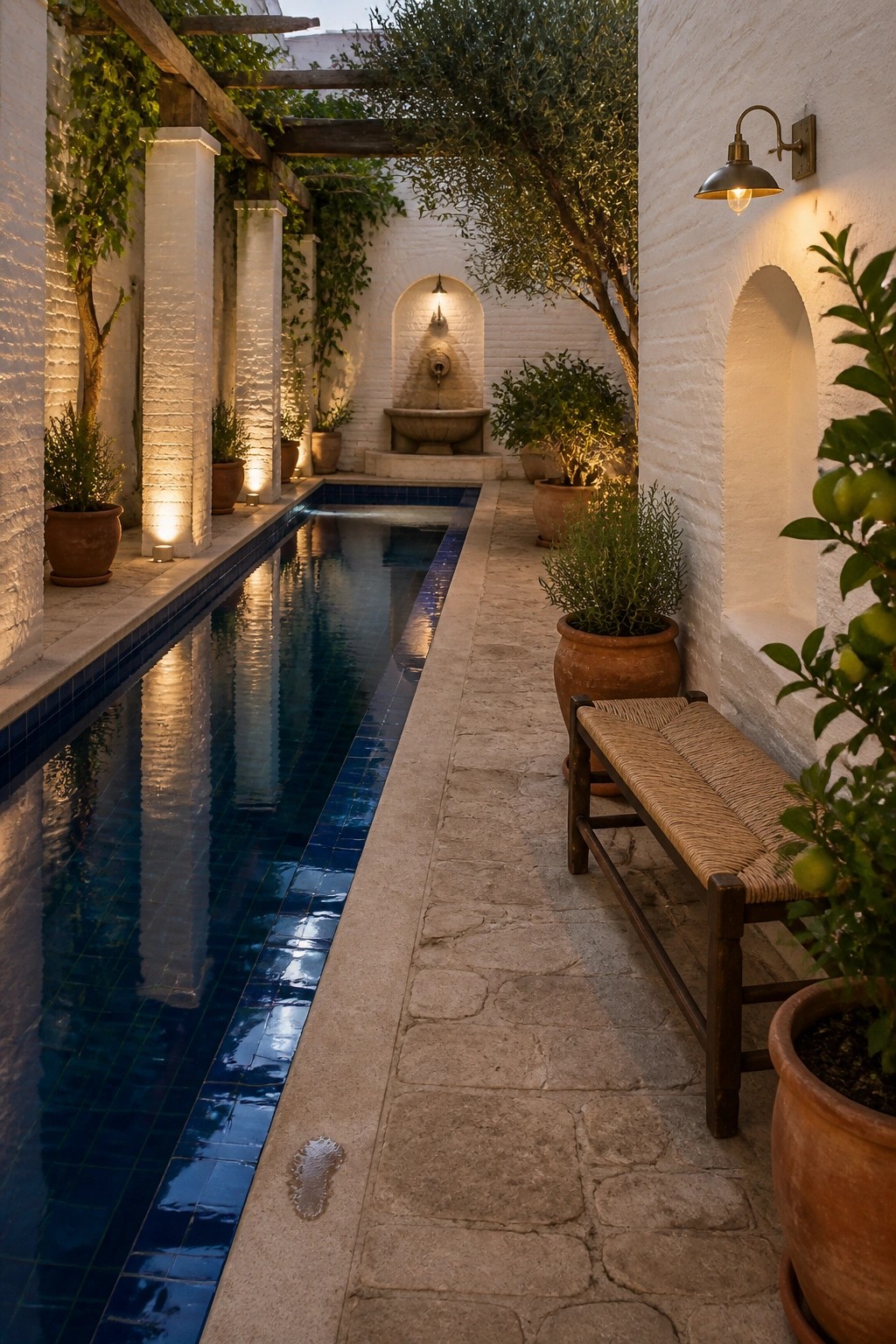 21 Timeless Modern Pool Lighting Ideas for Stunning Night Views A narrow rectangular pool with blue tiled edges runs beside a stone path in a white courtyard at night, with lit columns, potted plants, a wooden bench, and a fountain visible in the background.