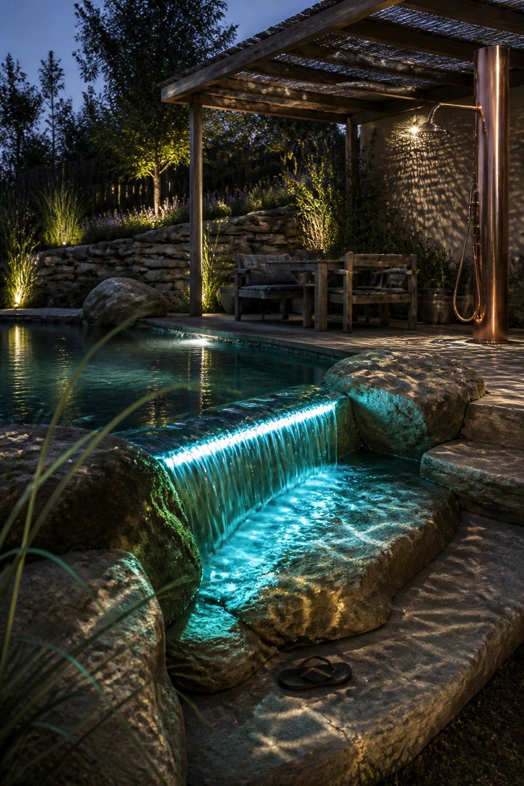 21 Timeless Modern Pool Lighting Ideas for Stunning Night Views Nighttime photo of a swimming pool with a bright blue-lit waterfall flowing over large rocks, beside a wooden deck that includes an outdoor shower and seating area.