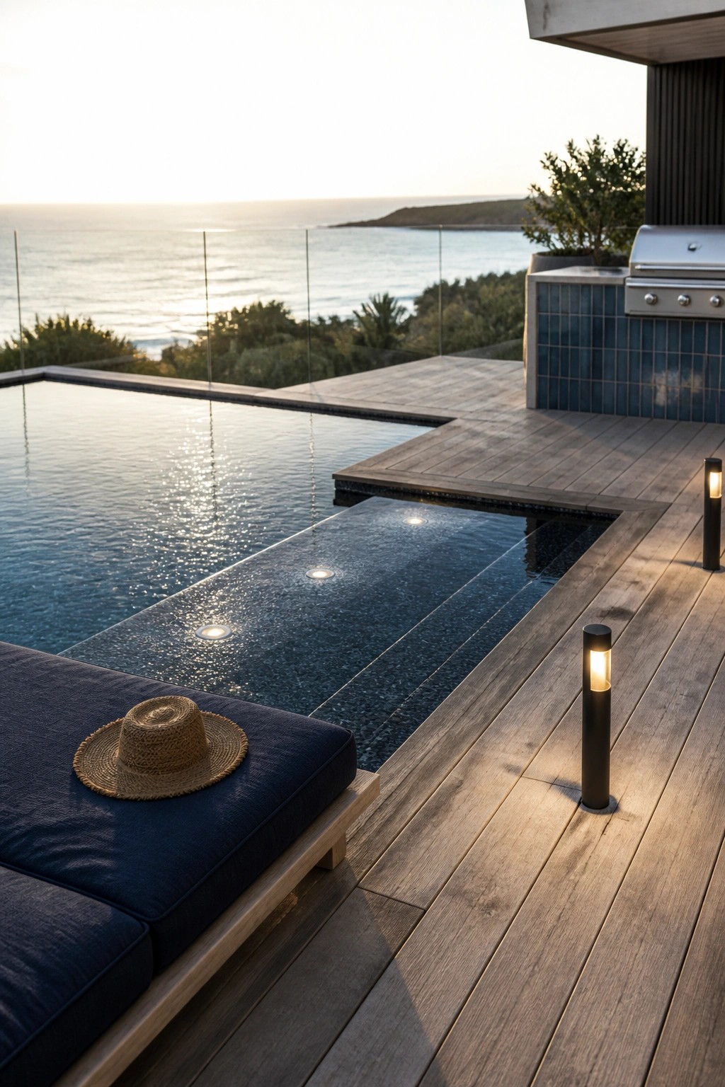 21 Timeless Modern Pool Lighting Ideas for Stunning Night Views Modern pool with wooden deck, underwater lights visible in the water, two black bollard lights on the deck, outdoor kitchen area, and ocean view in the background.