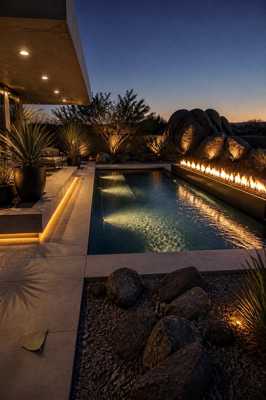 21 Timeless Modern Pool Lighting Ideas for Stunning Night Views A rectangular modern pool at dusk with a long linear fire feature along the right edge, surrounded by rocks, gravel, and desert plants, next to a concrete house.