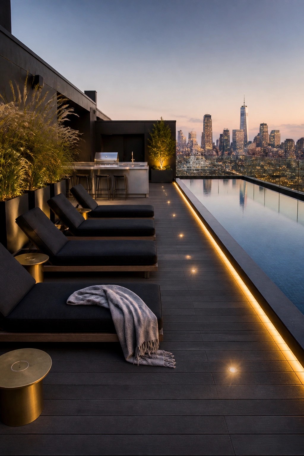 21 Timeless Modern Pool Lighting Ideas for Stunning Night Views A modern rooftop pool deck at dusk with black lounge chairs, a long pool, and linear lights glowing along the deck edge against a city skyline.