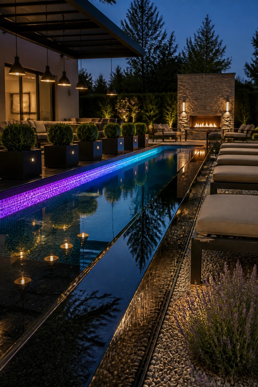 21 Timeless Modern Pool Lighting Ideas for Stunning Night Views Modern nighttime pool with blue-purple lights, lounge chairs, and stone fireplace.