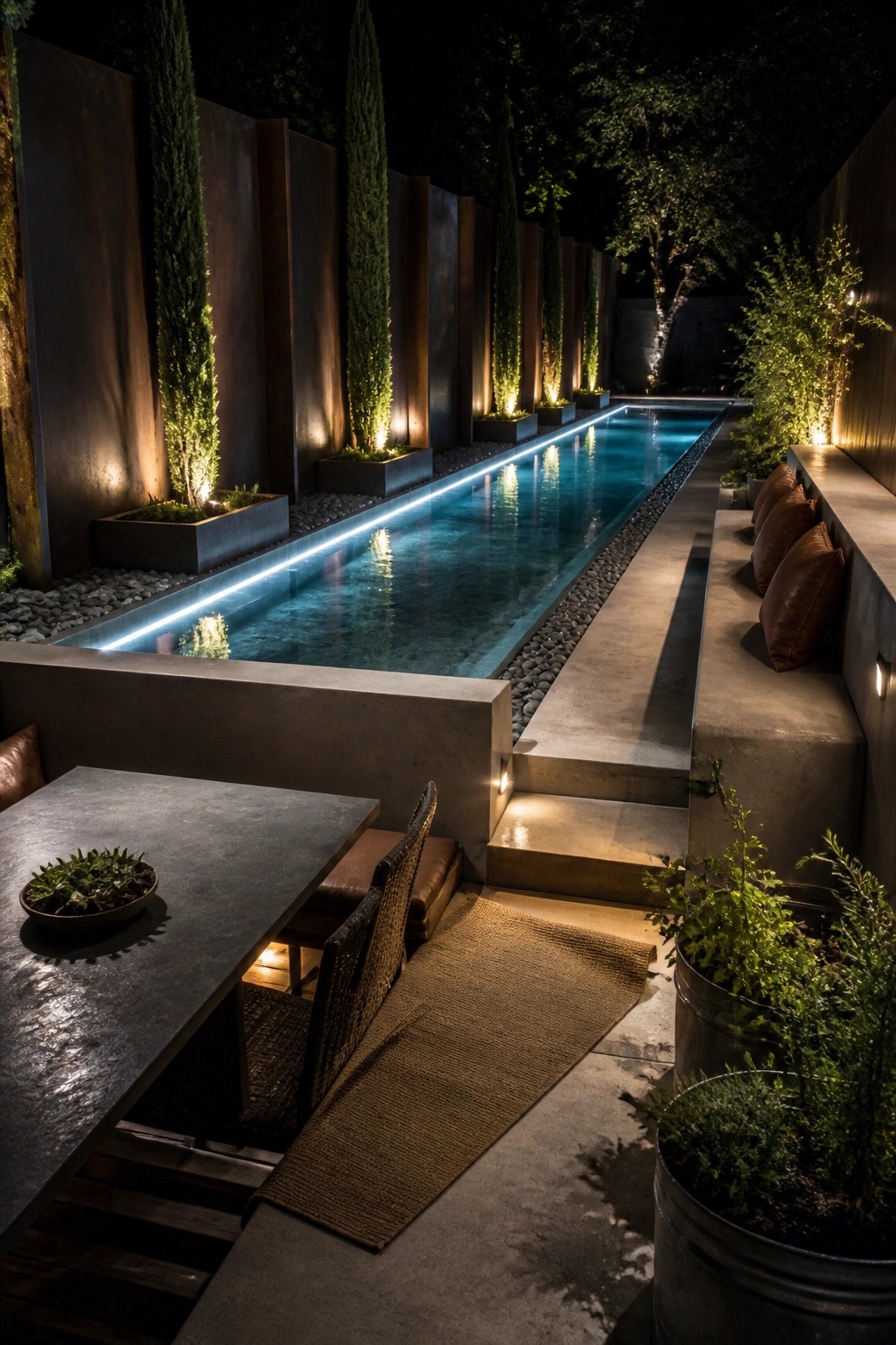 21 Timeless Modern Pool Lighting Ideas for Stunning Night Views A long narrow pool at night with bright linear lights along both edges, concrete walls with uplighted trees in planters, and an adjacent outdoor dining area with a table and bench seating.