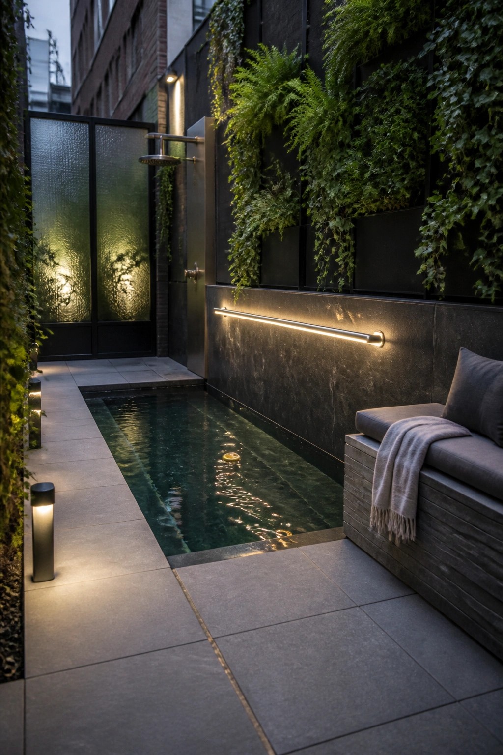 21 Timeless Modern Pool Lighting Ideas for Stunning Night Views Narrow illuminated lap pool with living green walls, shower, and lounge seating.