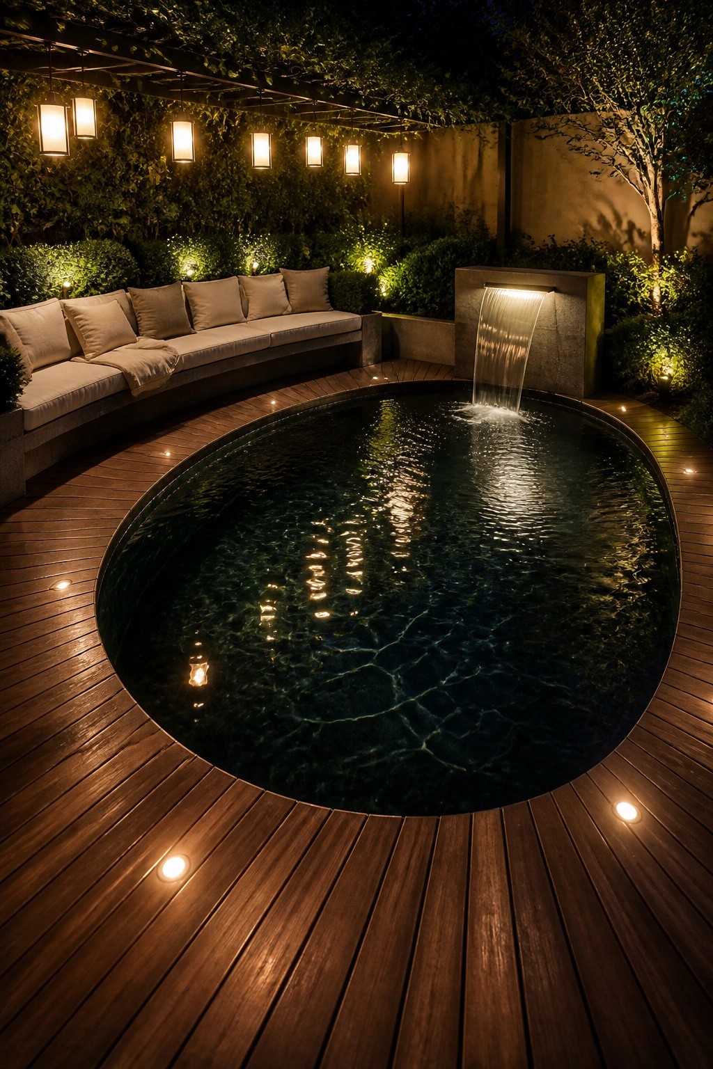 21 Timeless Modern Pool Lighting Ideas for Stunning Night Views Circular pool with cascading waterfall on wooden deck at night, lit by lanterns and seating.