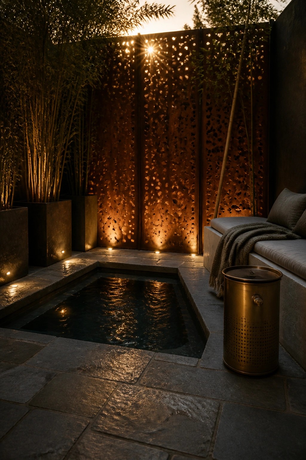 21 Timeless Modern Pool Lighting Ideas for Stunning Night Views A small dark pool set in stone paving with a large perforated metal screen lit from behind at dusk and potted plants along the edges.