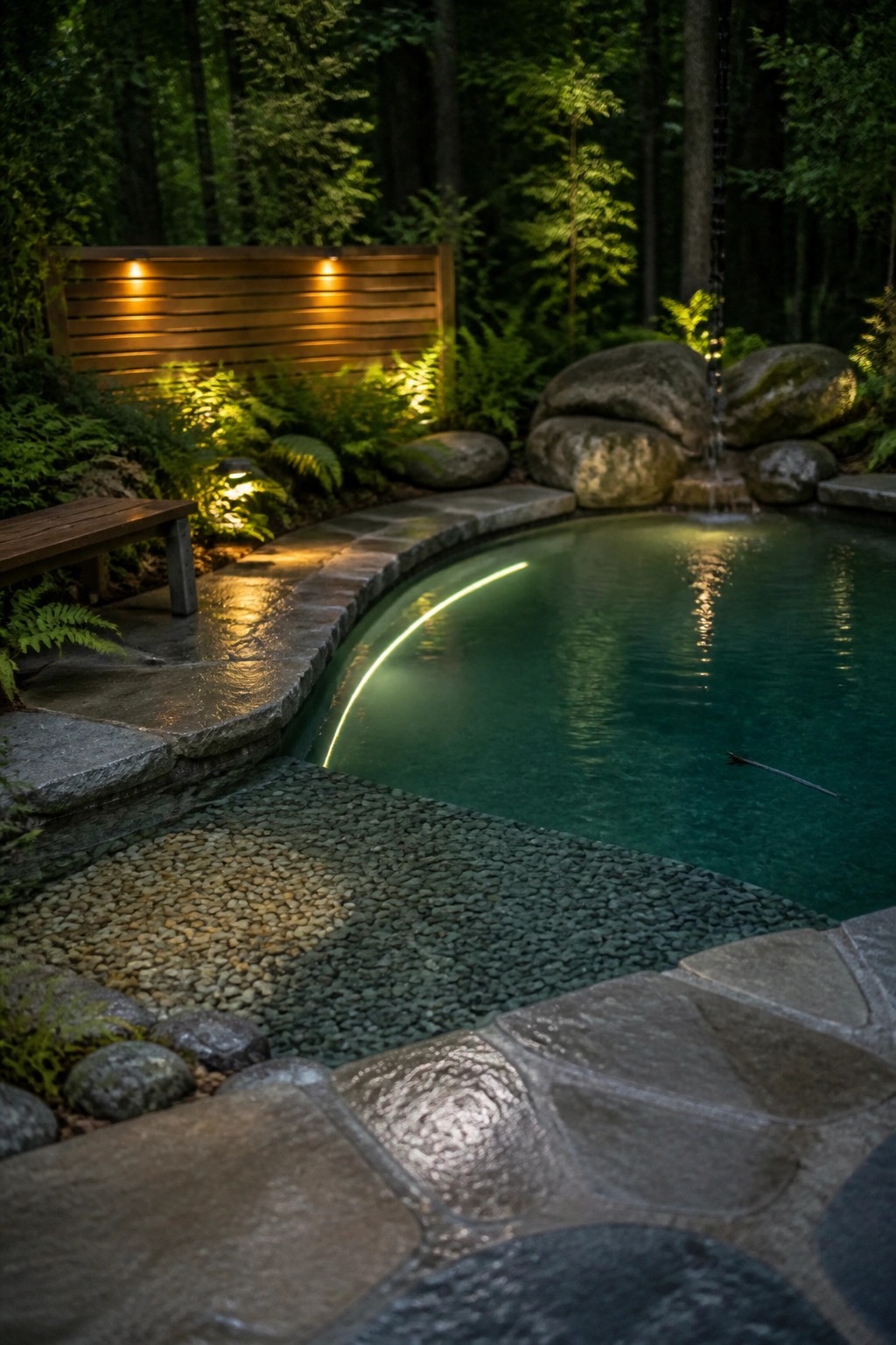 21 Timeless Modern Pool Lighting Ideas for Stunning Night Views Nighttime photo of a curved pool with a glowing linear light along the stone edge, set among rocks and ferns.