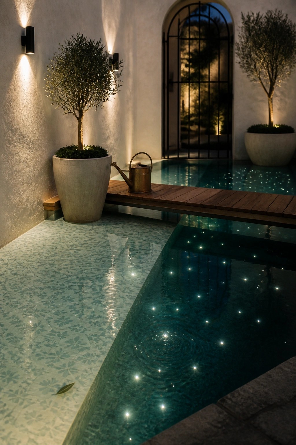 21 Timeless Modern Pool Lighting Ideas for Stunning Night Views Nighttime view of a rectangular pool with small glowing lights in the water, a wooden bench spanning part of it, potted trees on a patterned tile patio, and wall sconces on a white wall.