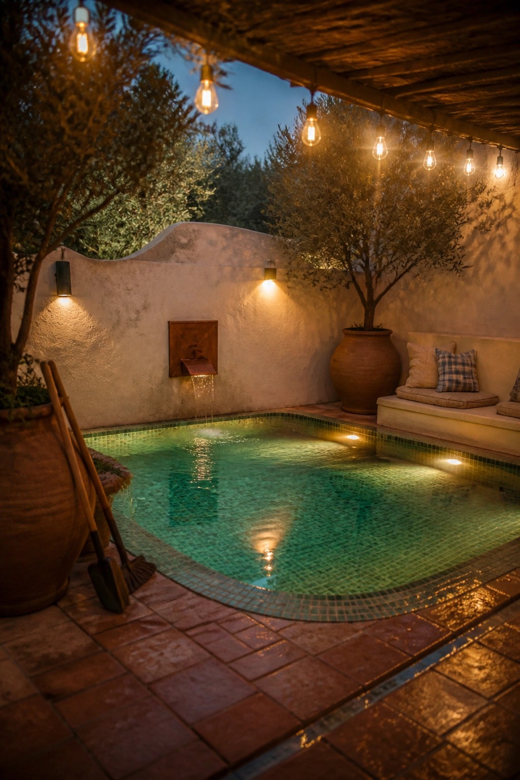 21 Timeless Modern Pool Lighting Ideas for Stunning Night Views A rectangular pool at dusk with string lights overhead, wall sconces on a stucco wall, a small fountain, a large terracotta pot, and built-in bench seating with cushions.