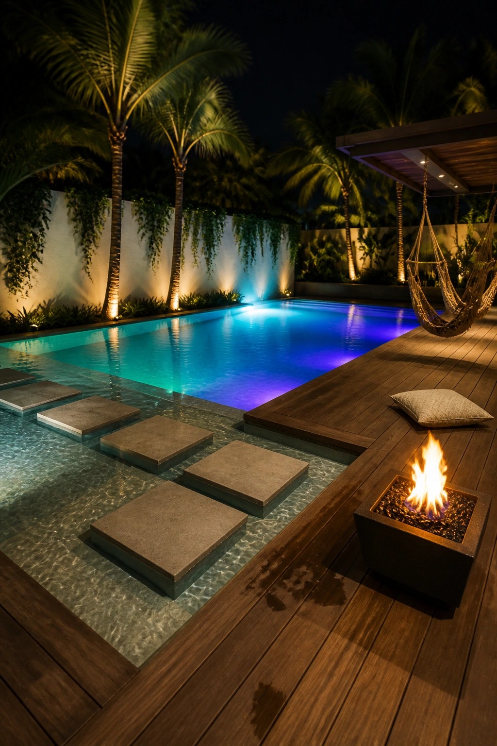 21 Timeless Modern Pool Lighting Ideas for Stunning Night Views A nighttime view of a rectangular pool with blue-to-purple underwater lighting, stone stepping pads leading into the water, a wooden deck with a square fire pit, a hanging hammock, and palm trees in the background.