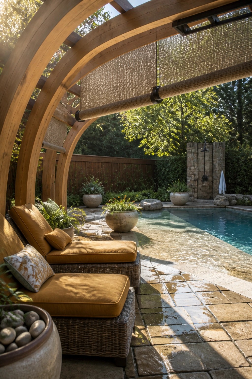A wooden arched shade structure with woven fabric panels covers lounge chairs beside a swimming pool on a stone patio.