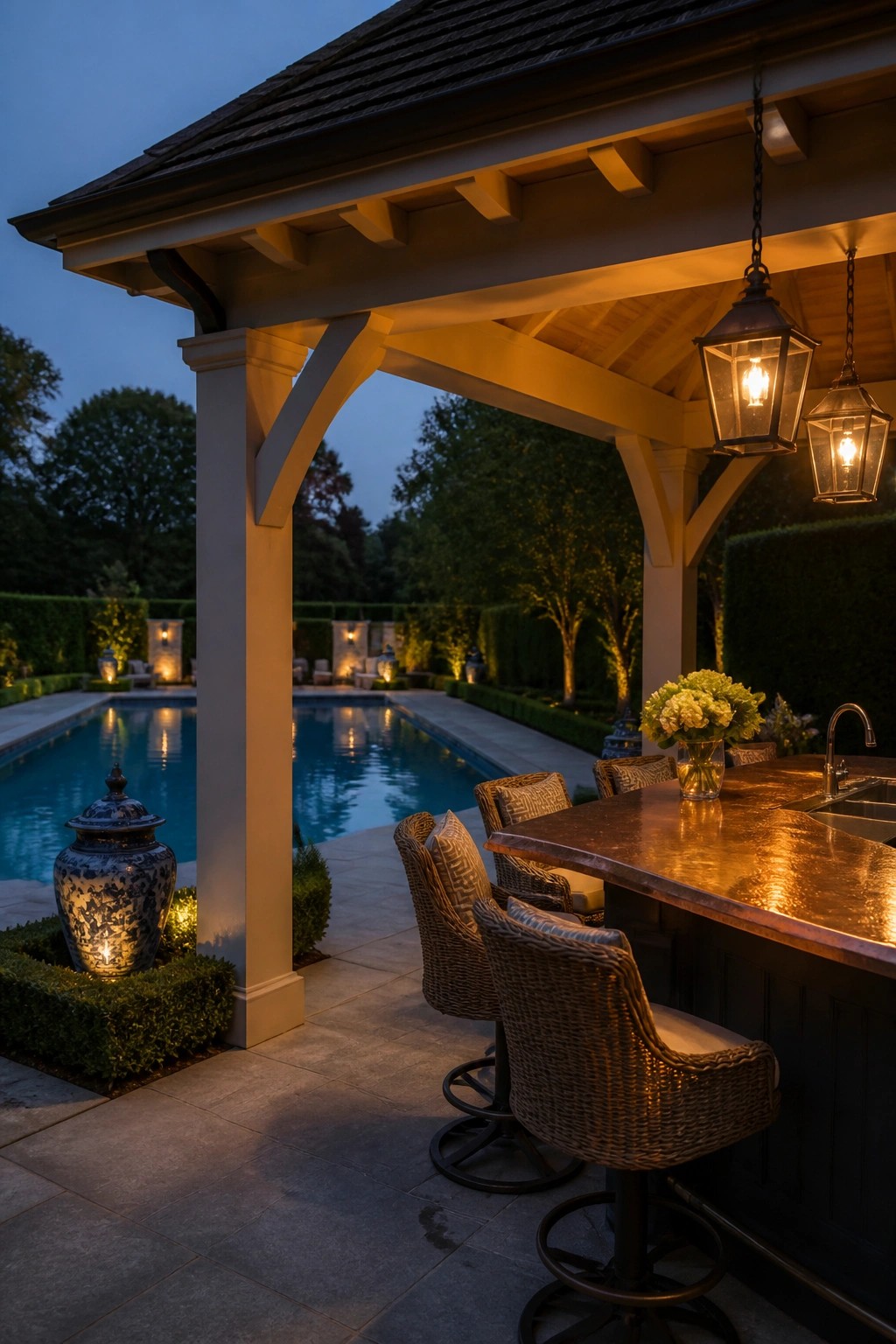 Outdoor patio bar with wicker stools overlooking glowing pool under hanging lanterns