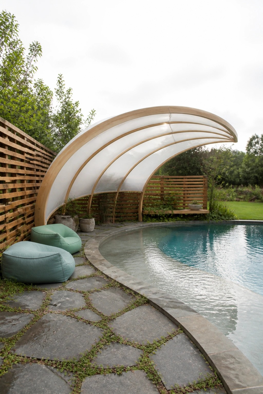 A curved wooden shade structure with translucent panels arches over a swimming pool next to two green beanbag chairs on a stone patio.
