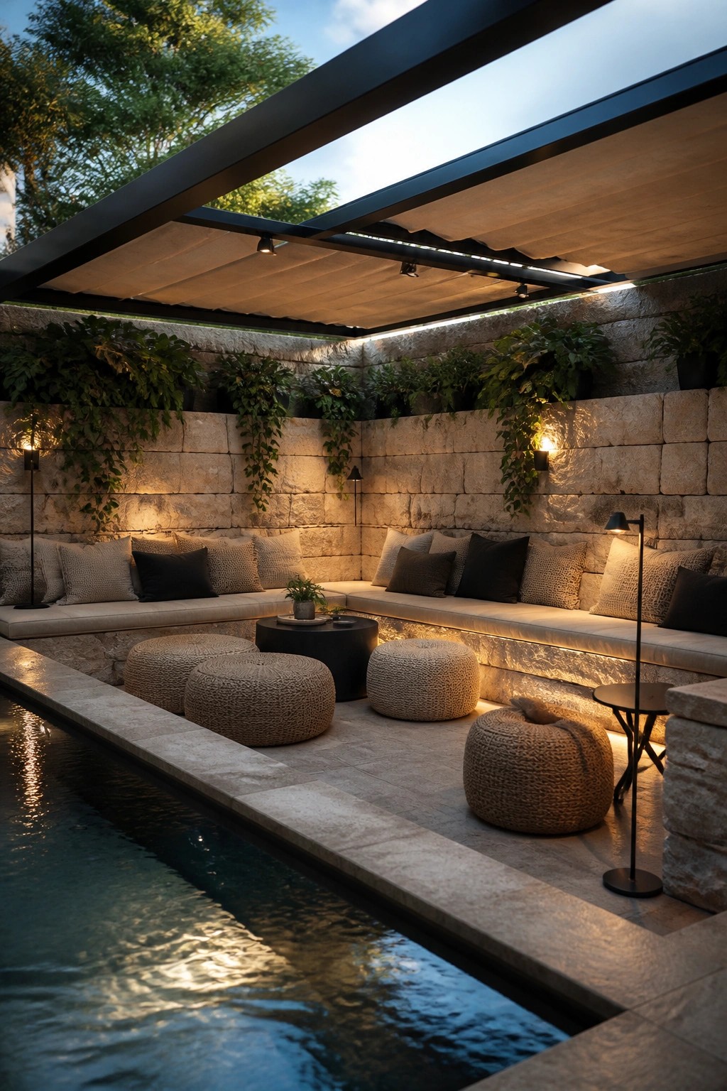 A modern outdoor poolside lounge with a metal-framed fabric shade overhead, built-in bench seating with cushions, woven ottomans, and hanging plants along stone walls.