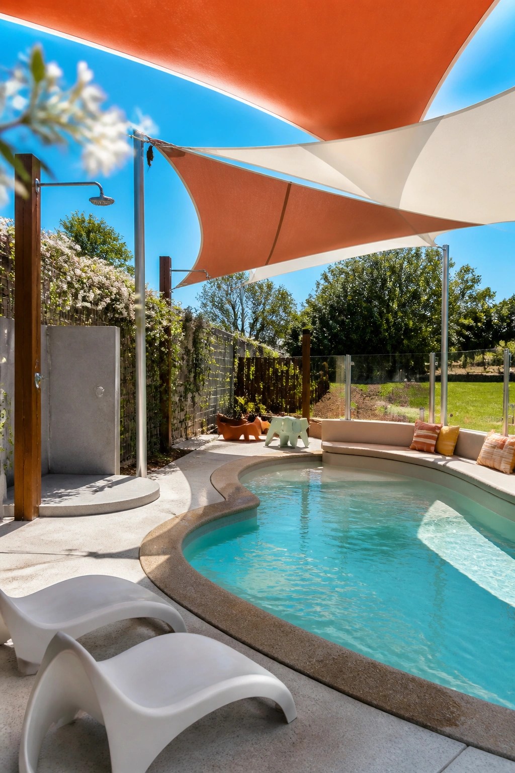 A curved pool area shaded by large orange and white fabric sails on metal poles, with white lounge chairs nearby and an outdoor shower on the left.