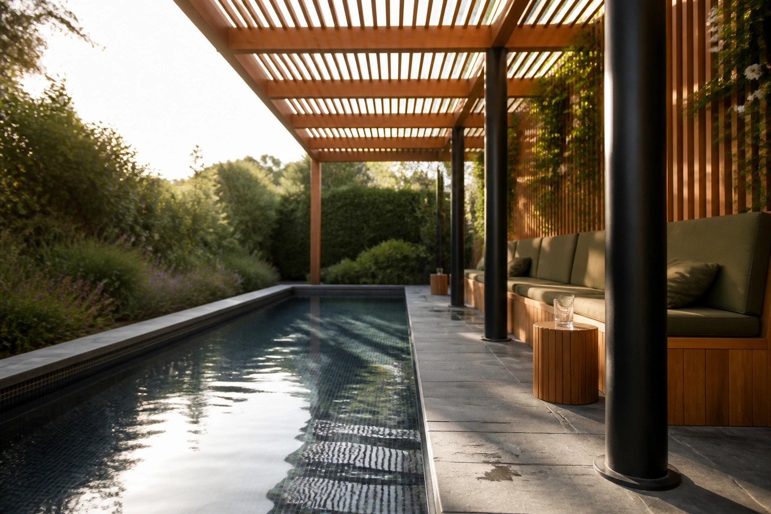 22 Brilliant Shade Structure Ideas for Pools Using Wood, Metal, and Fabric A long narrow pool runs alongside a wooden pergola with slatted roof, black support posts, and built-in green cushioned seating next to a vertical garden wall.