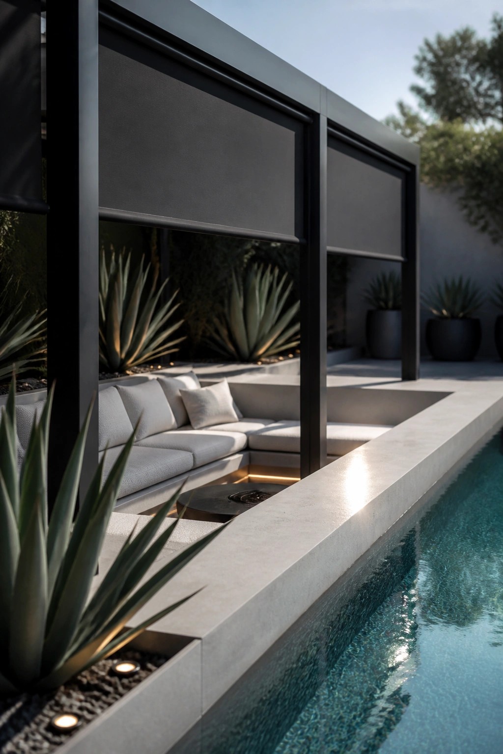 Modern poolside lounge with white sectional seating, concrete edges, and agave plants.