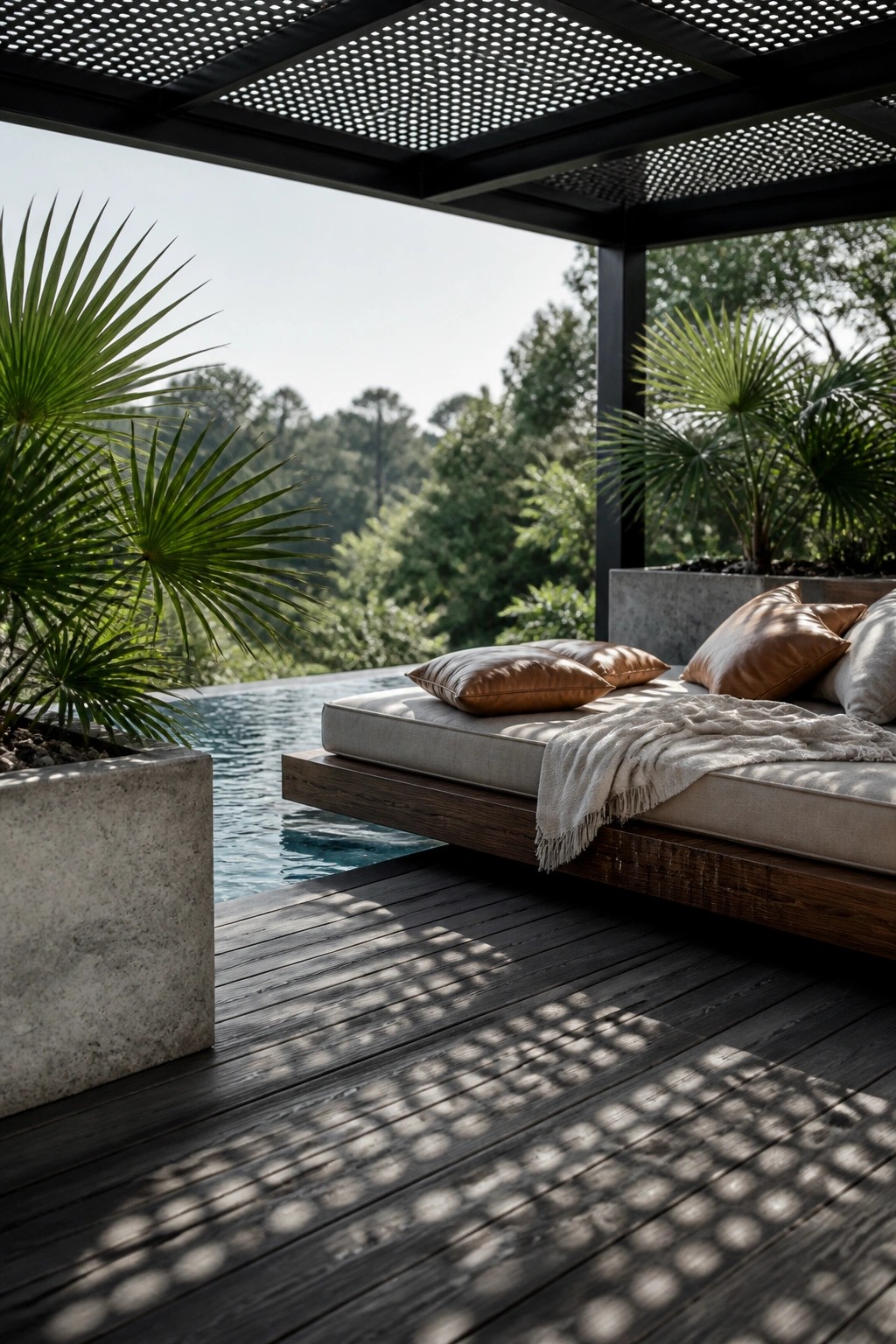 Outdoor pool lounge area with a daybed on a wooden deck under a black metal perforated shade structure, surrounded by large potted palm plants.