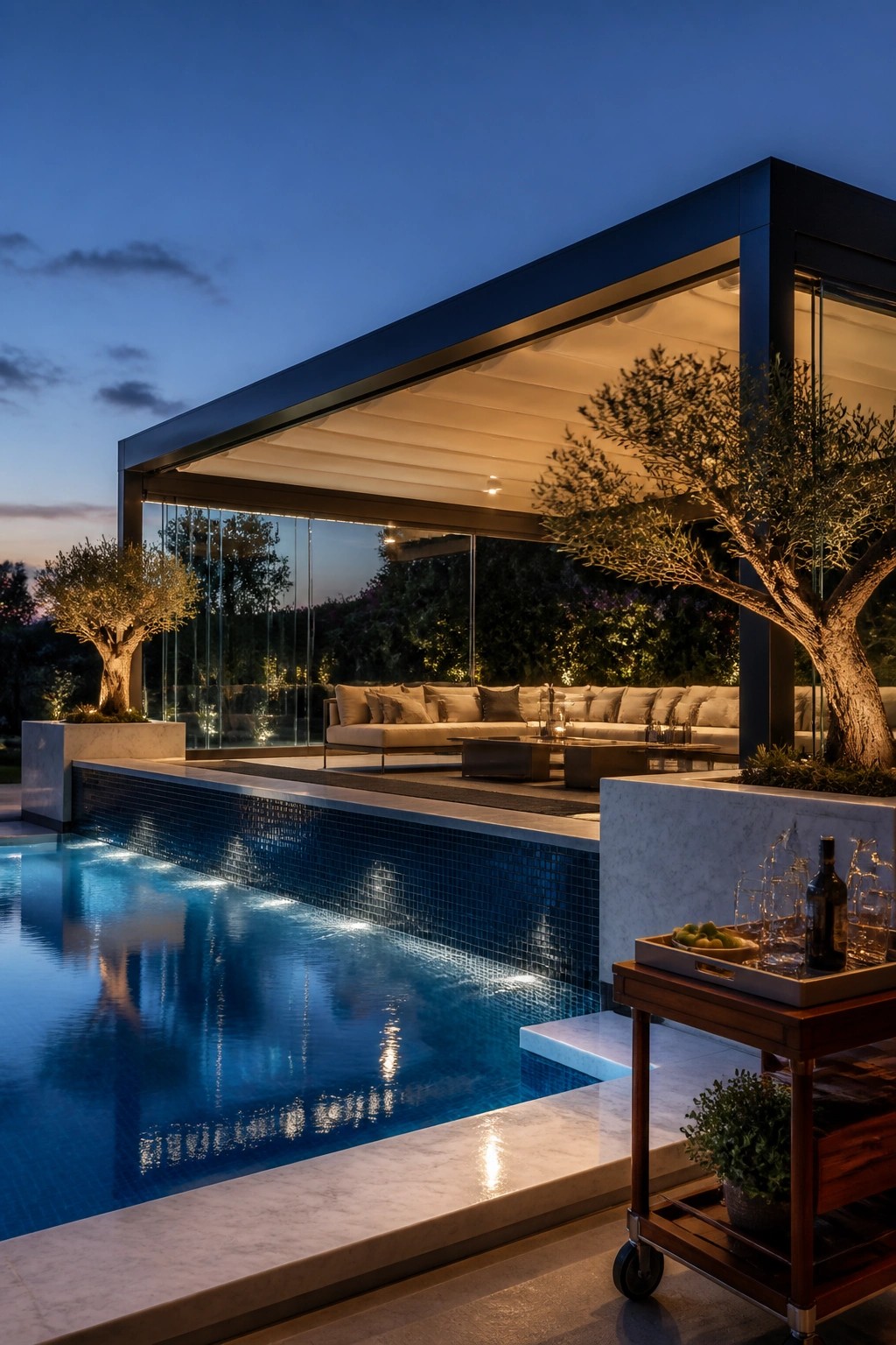 Modern pool with a large metal-framed shade structure covering a lounge area, glass walls, and blue tiled water at dusk.