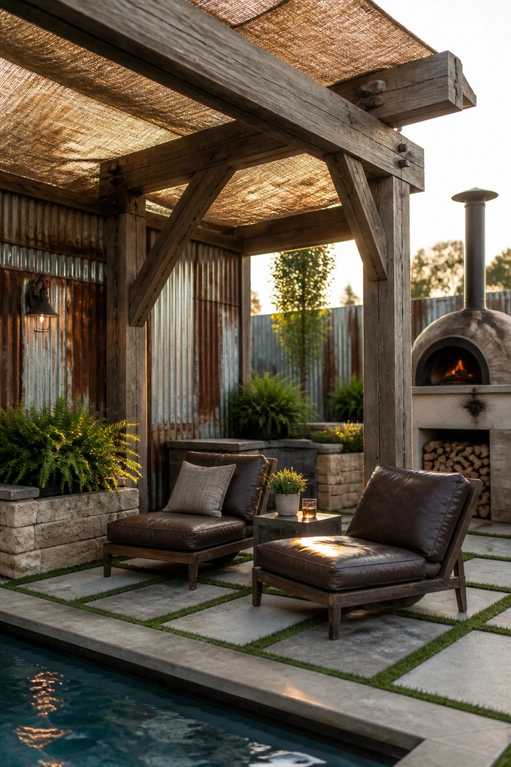 A wooden shade structure with fabric covering sits over a patio with leather chairs next to a pool and an outdoor oven.