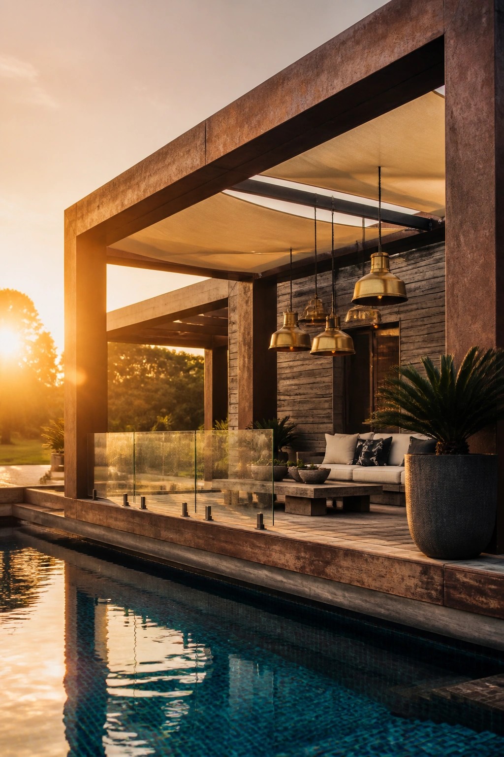 Modern concrete patio with brass pendant lights overlooking a pool at sunset