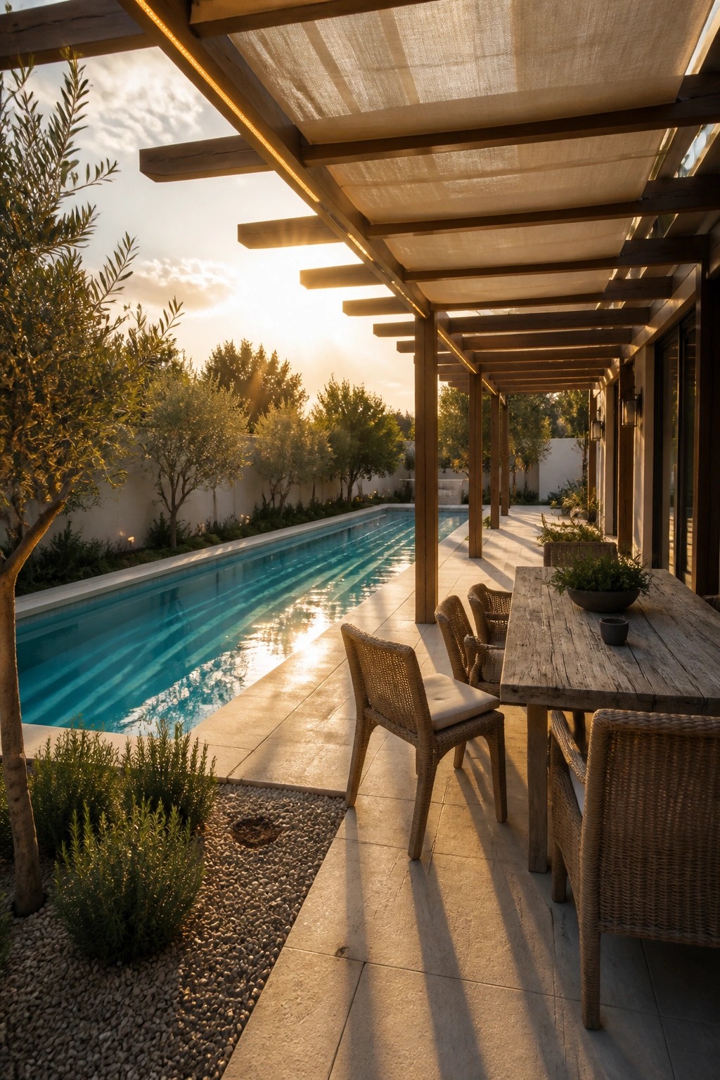 A long wooden pergola with fabric canopy shades a dining table and chairs next to a rectangular swimming pool.