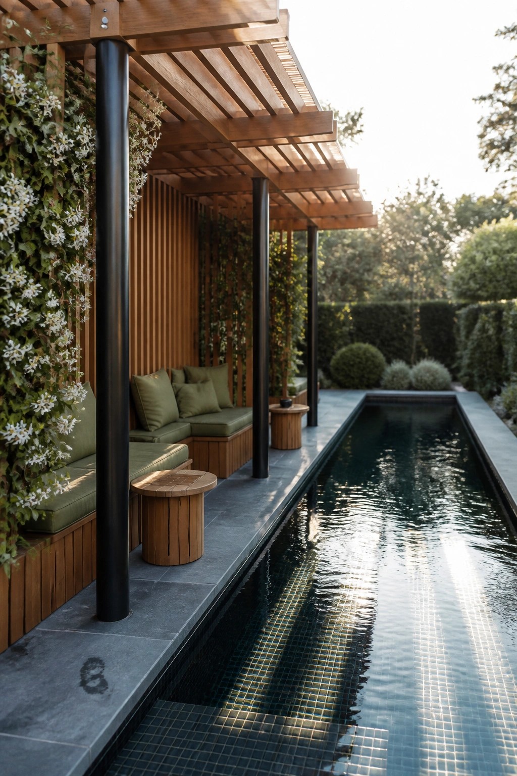 A long narrow pool runs alongside a wooden pergola with slatted roof, black support posts, and built-in green cushioned seating next to a vertical garden wall.