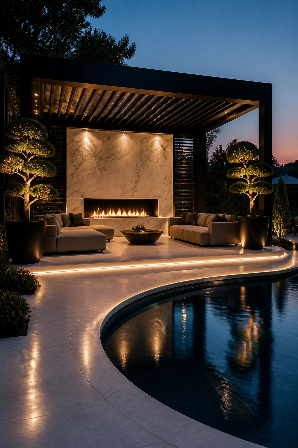 An outdoor poolside cabana at dusk with a linear fireplace set into a marble wall, two beige sofas facing each other under a dark pergola, potted trees, and a curved pool in the foreground.
