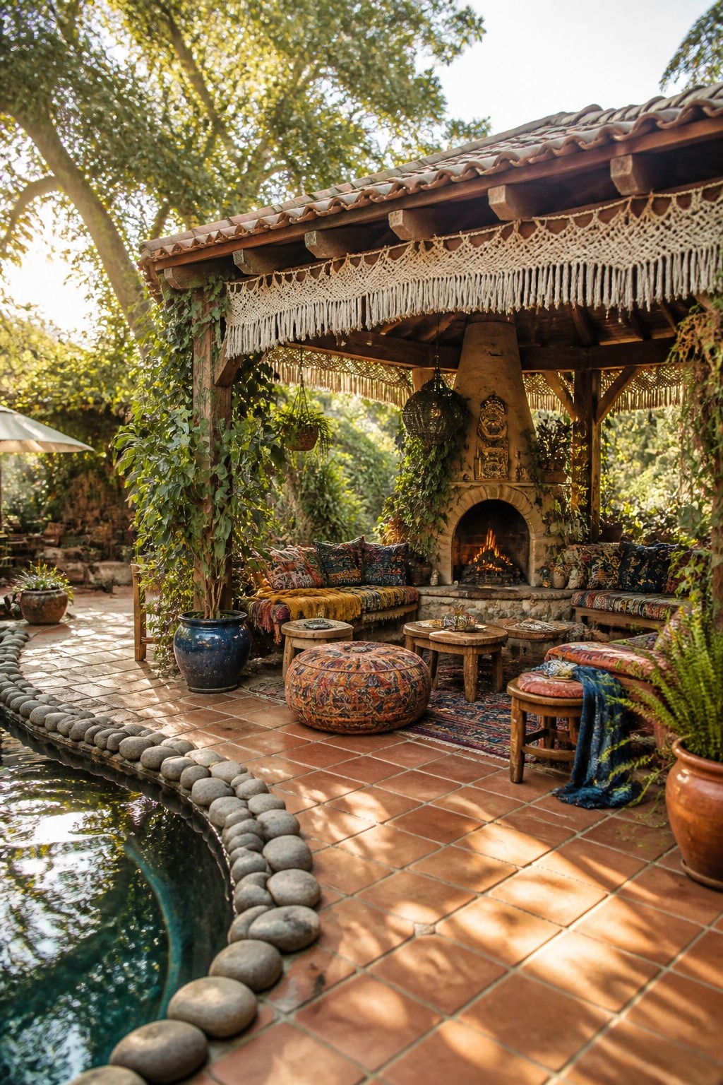 An outdoor cabana with a stone fireplace, wooden benches with colorful cushions, round poufs, and a swimming pool bordered by stones in the foreground.