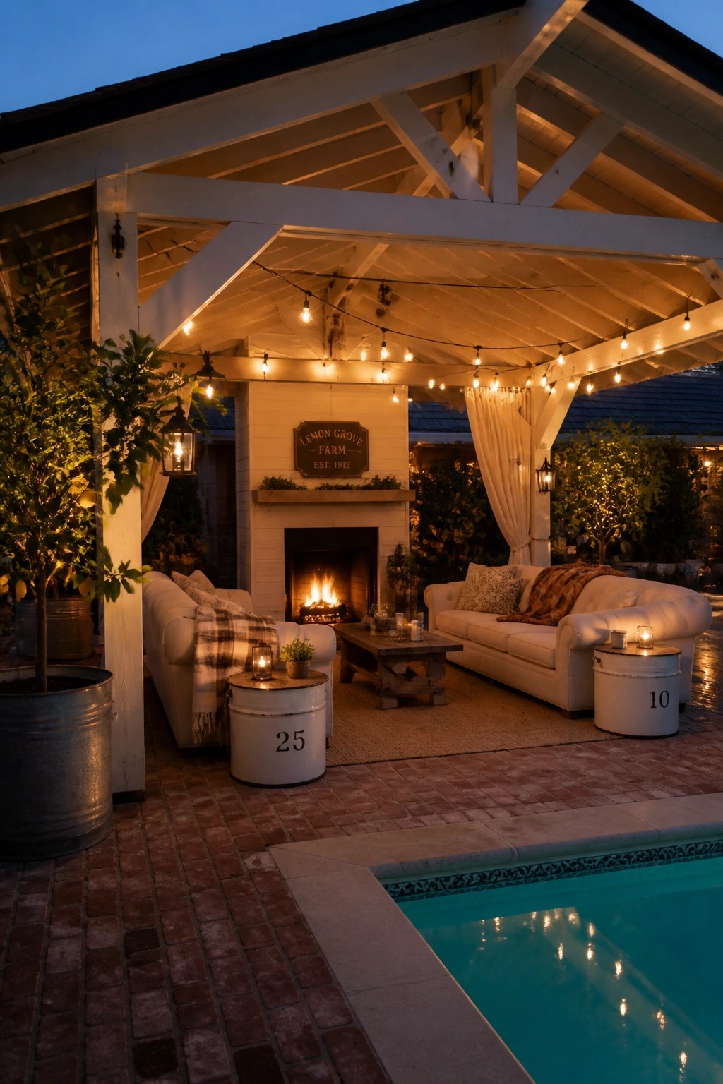 A covered outdoor patio features white sofas facing a lit fireplace, with string lights above and a swimming pool visible in the foreground.
