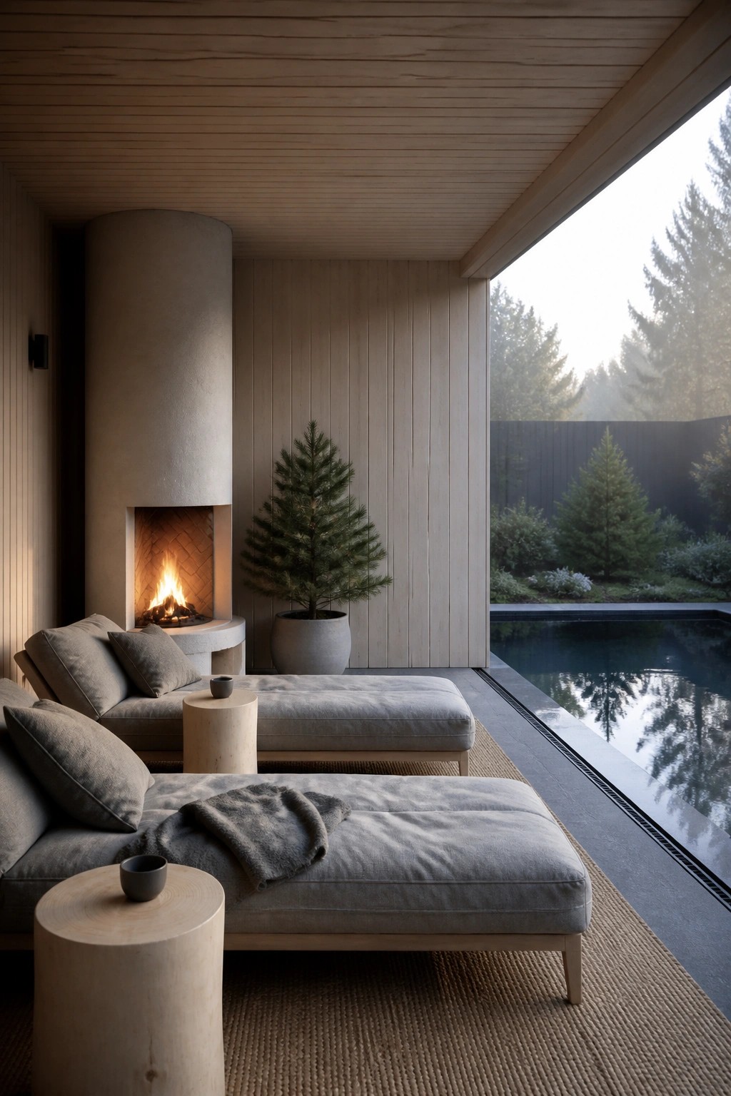 An outdoor covered lounge with gray fabric chaises, round side tables, a cylindrical concrete fireplace with burning logs, a potted pine tree, and a direct view to a swimming pool.