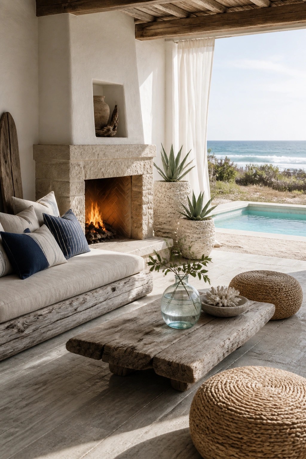 A stone fireplace with burning fire anchors a poolside lounge area that includes a low white sofa, wooden coffee table, woven poufs, and potted plants overlooking the ocean.